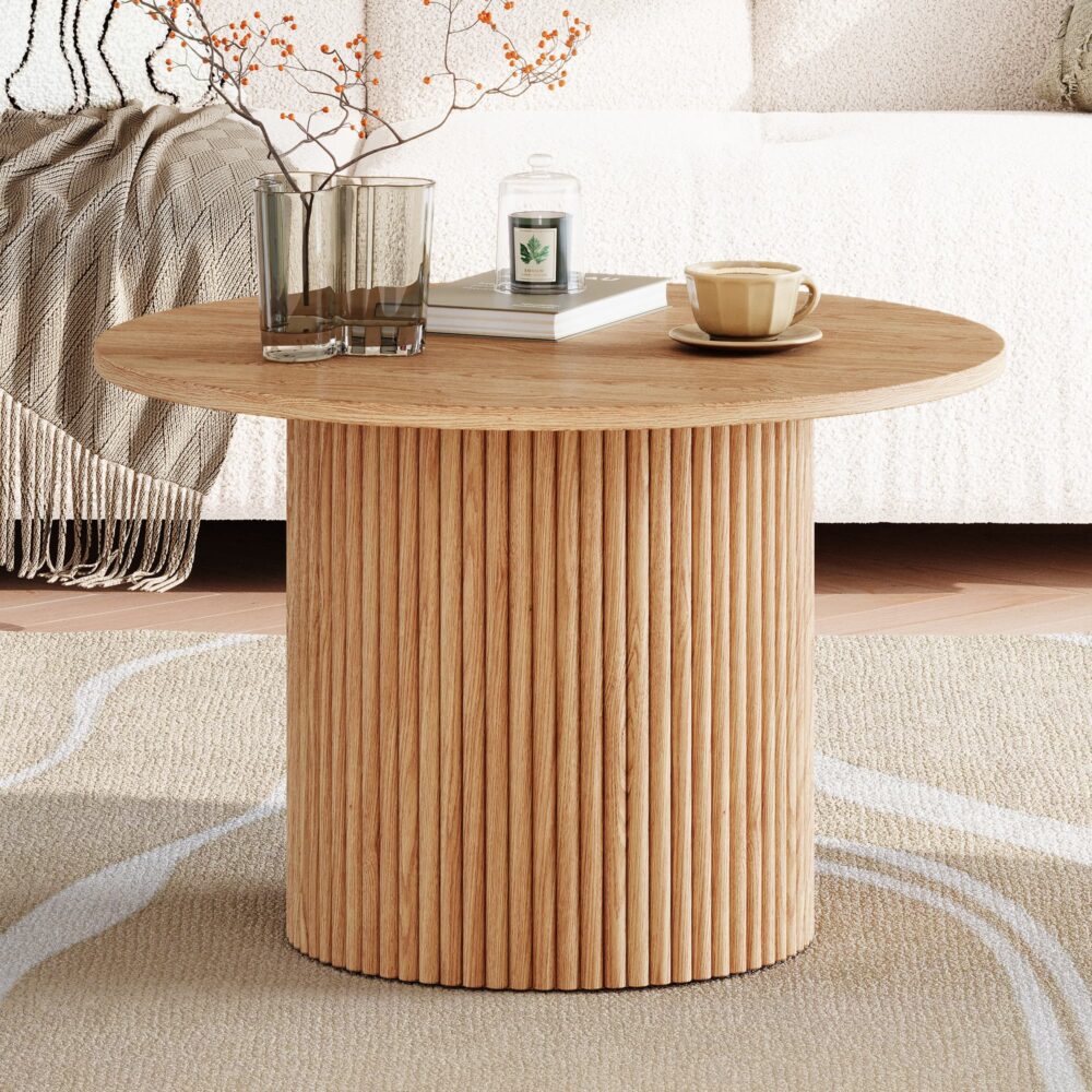 BODIL Ribbed Round Coffee Table – Natural Wood Textured Circular Cente ...